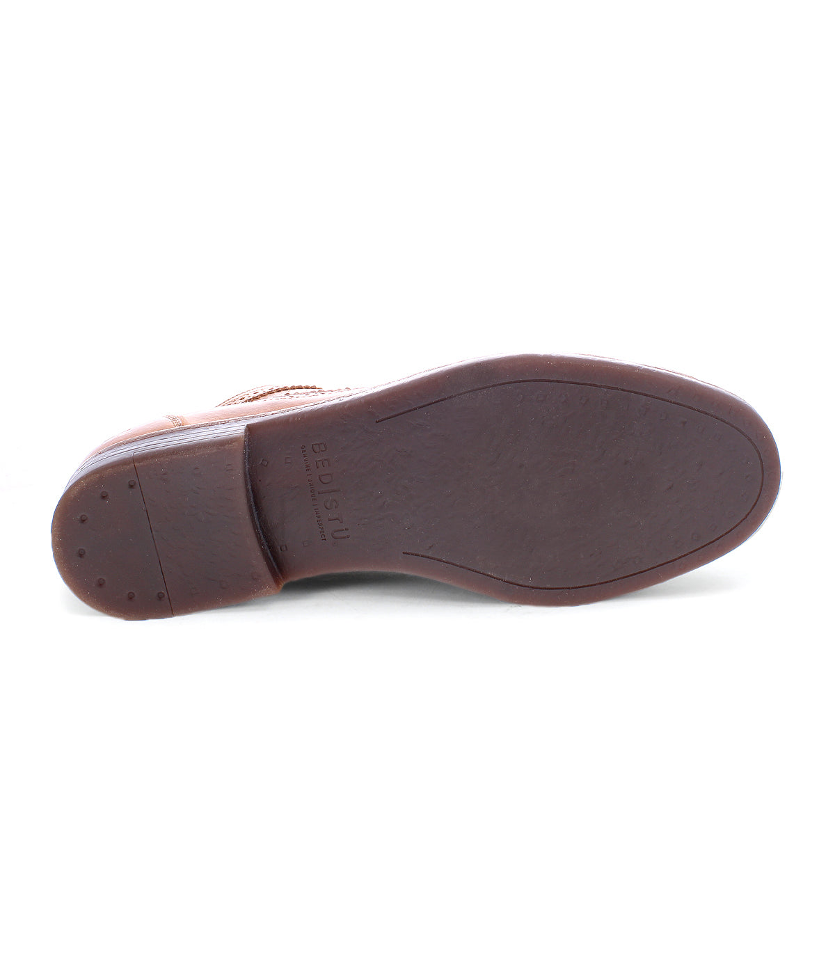 The image shows the brown rubber sole of a handcrafted leather dress shoe, viewed from the bottom. The brand name “Bed|Stü” is embossed near the heel of the Sandro II, reflecting the old-world construction and attention to detail characteristic of classic footwear.
