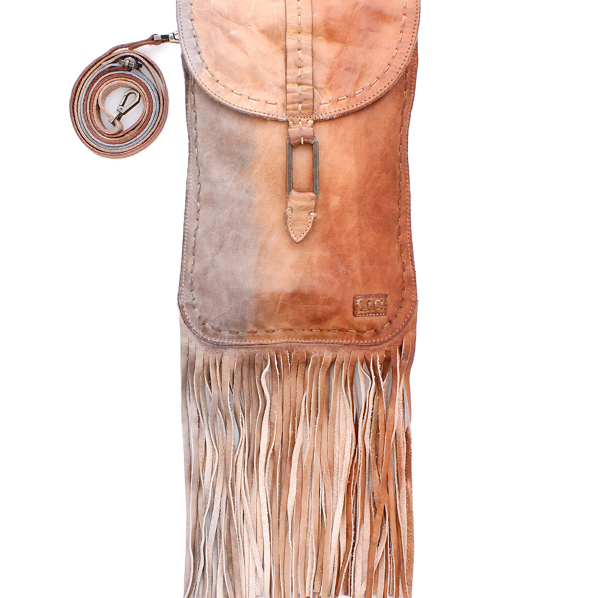 Sandy Lane II by Bed|Stü is a handmade crossbody bag, crafted from vegetable-tanned leather in a tan finish. It features long fringe at the bottom, a flap closure, and a detachable strap, and is displayed against a white background.