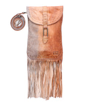 Sandy Lane II by Bed|Stü is a handmade crossbody bag, crafted from vegetable-tanned leather in a tan finish. It features long fringe at the bottom, a flap closure, and a detachable strap, and is displayed against a white background.
