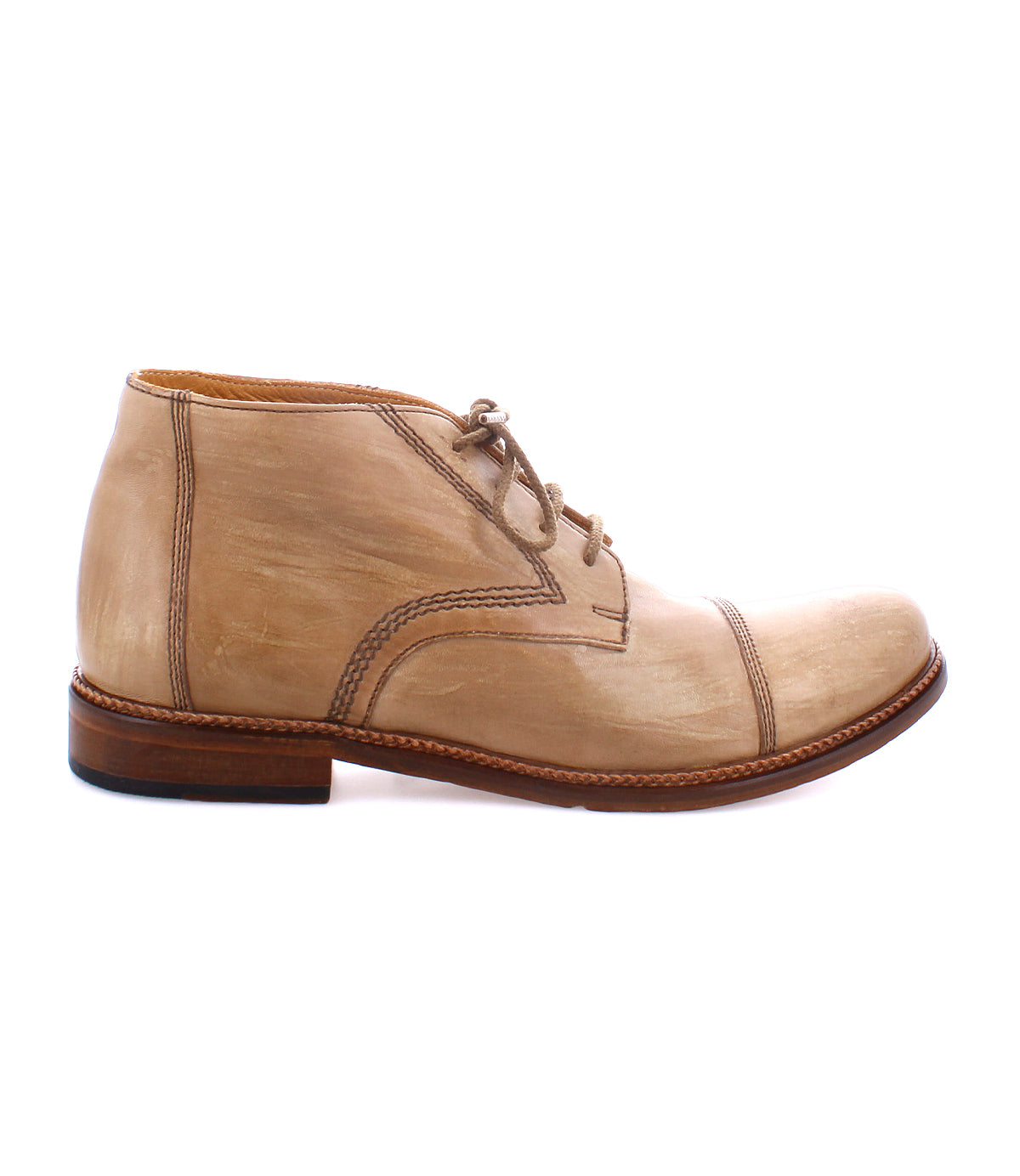 The Scoot by Bed|Stü is a tan leather lace-up dress shoe featuring a cap toe, visible stitching, and a low wooden heel—expertly handcrafted in Italy from quality leather—shown here in side profile on a white background.