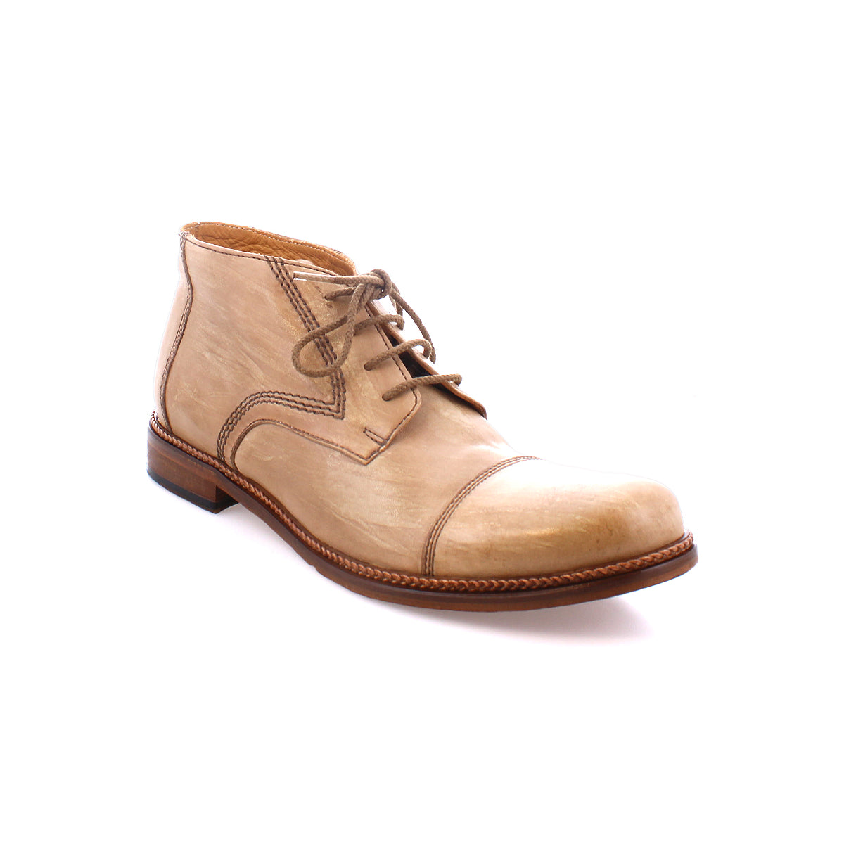 The Scoot boot by Bed|Stü is a tan leather lace-up style, handcrafted in Italy with a rounded toe and brown sole, displayed at a slight angle on a white background.