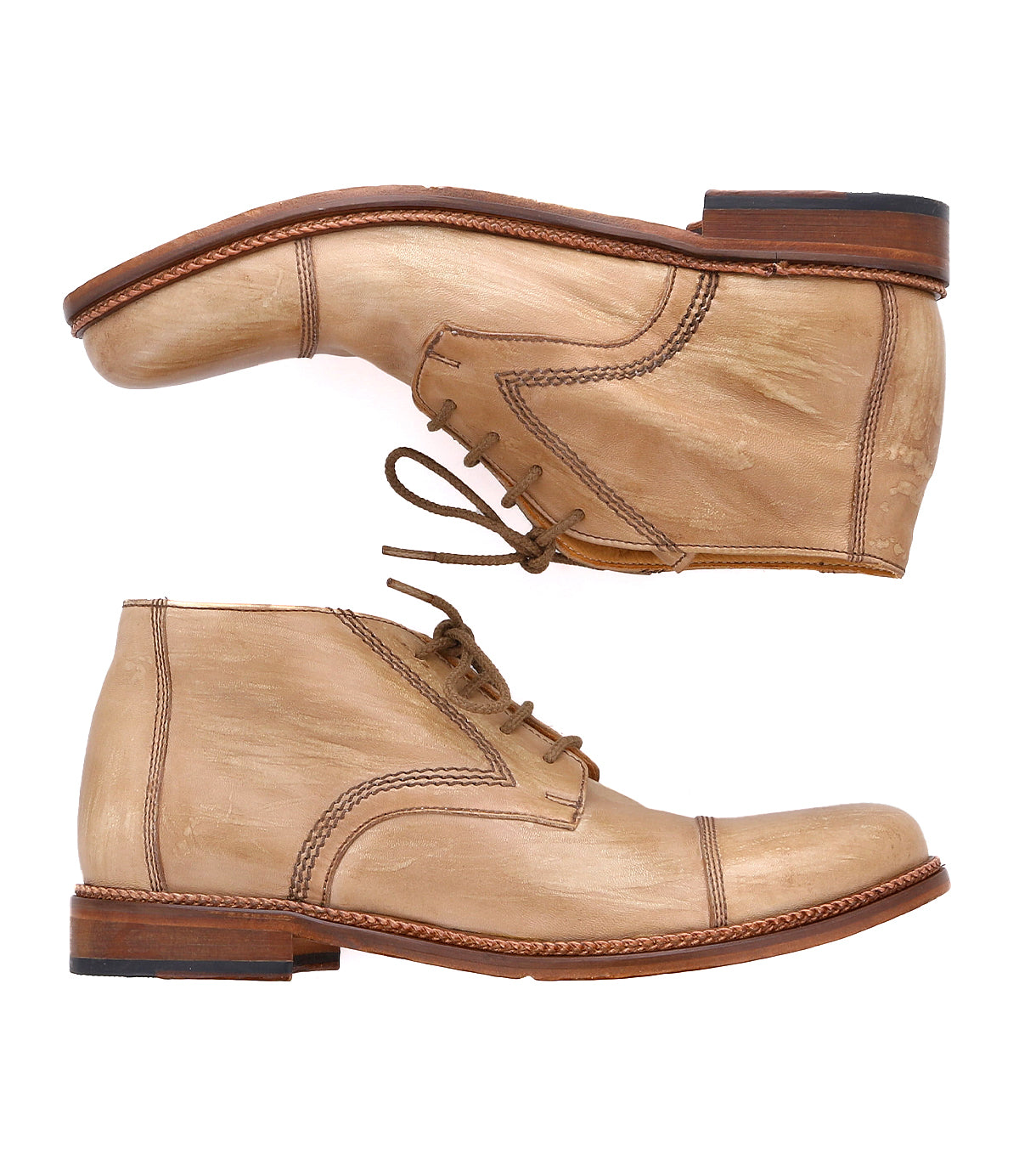 A pair of Scoot tan leather lace-up ankle boots by Bed|Stü, handcrafted in Italy from quality leather with brown stitching and wooden soles, are displayed side by side on a white background.