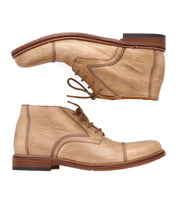 A pair of Scoot tan leather lace-up ankle boots by Bed|Stü, handcrafted in Italy from quality leather with brown stitching and wooden soles, are displayed side by side on a white background.