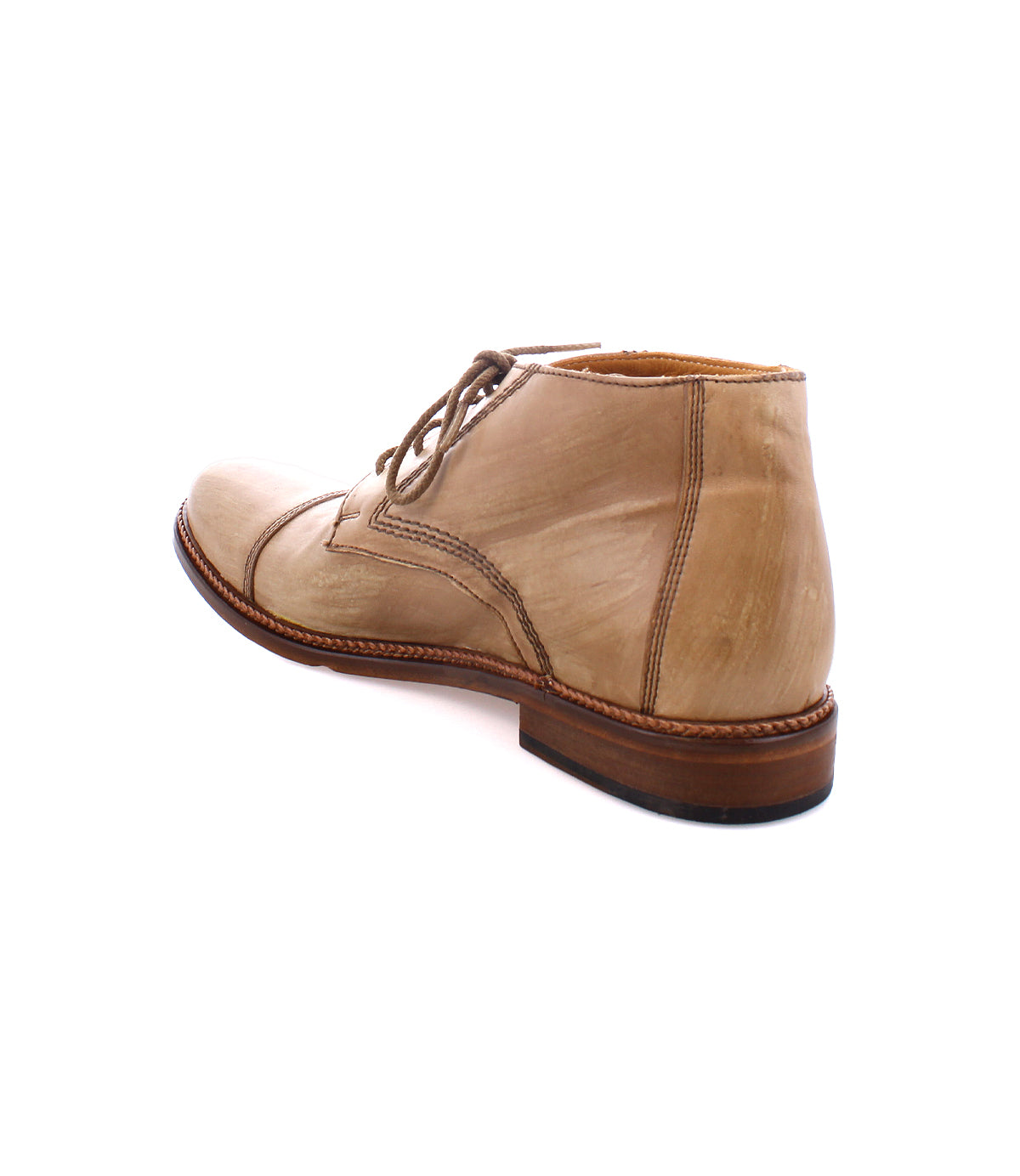 The Bed|Stü Scoot, a quality beige leather lace-up dress shoe, is positioned at an angle to display its side and back view against a white background.