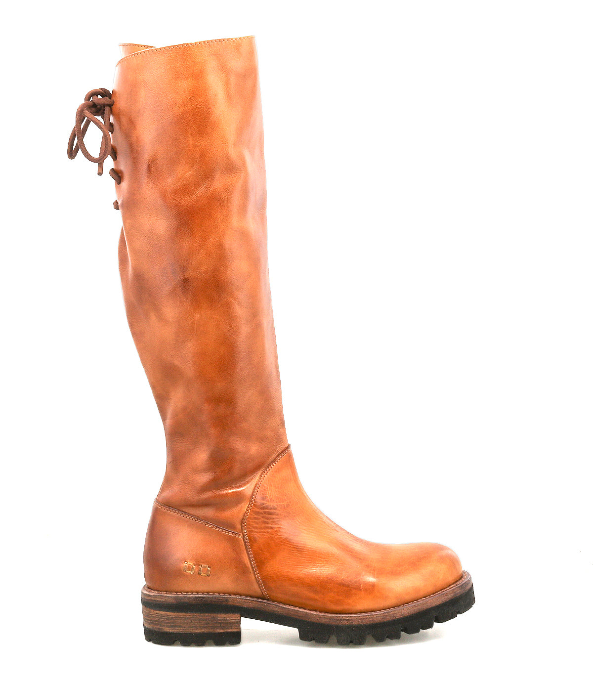 The "Scope" boot by Bed|Stü is showcased against a plain white background, highlighting its tall silhouette made from rich vegetable-tanned leather, with a round toe, lace-up detailing at the back, and a rugged dark rubber sole.
