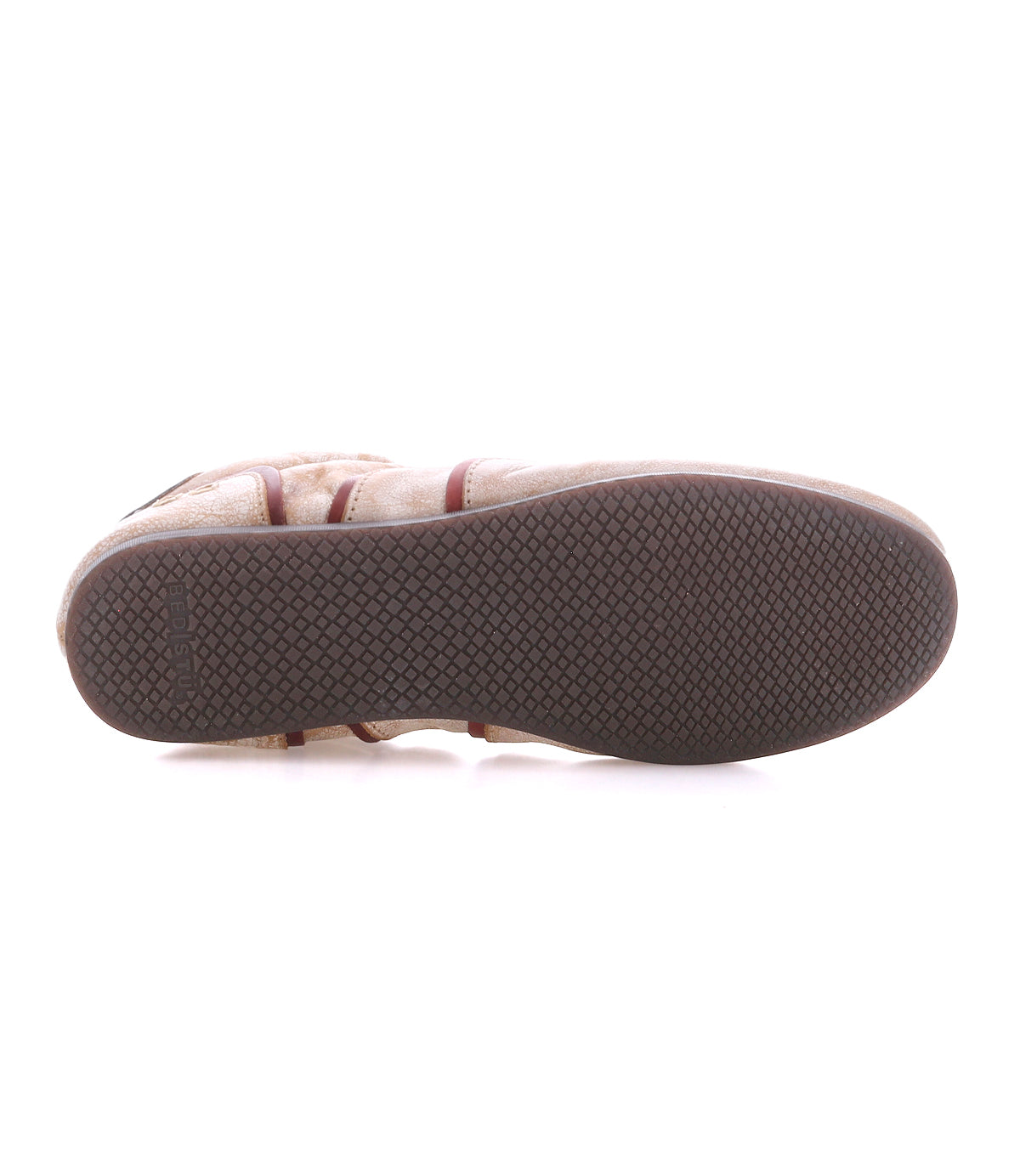 The image shows the bottom view of the Bed|Stü Scurry II shoe, featuring a brown color, a textured rubber sole, and a slightly raised heel, photographed on a white background.