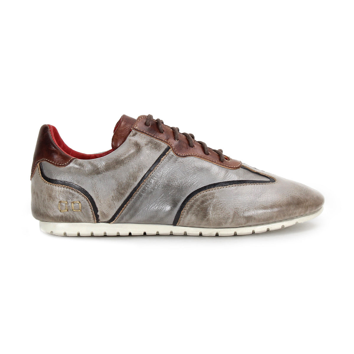 The Scurry by Bed|Stü is a gray and brown retro-inspired sneaker made from vegetable-tanned leather, featuring a white sole, brown laces, and a red inner lining, displayed in a left side profile view.
