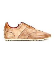 The Bed|Stü Scurry is a brown vegetable-tanned leather casual sneaker featuring a beige sole and lace-up closure; shown in left side profile against a white background, this retro-inspired style stands out with its classic design.