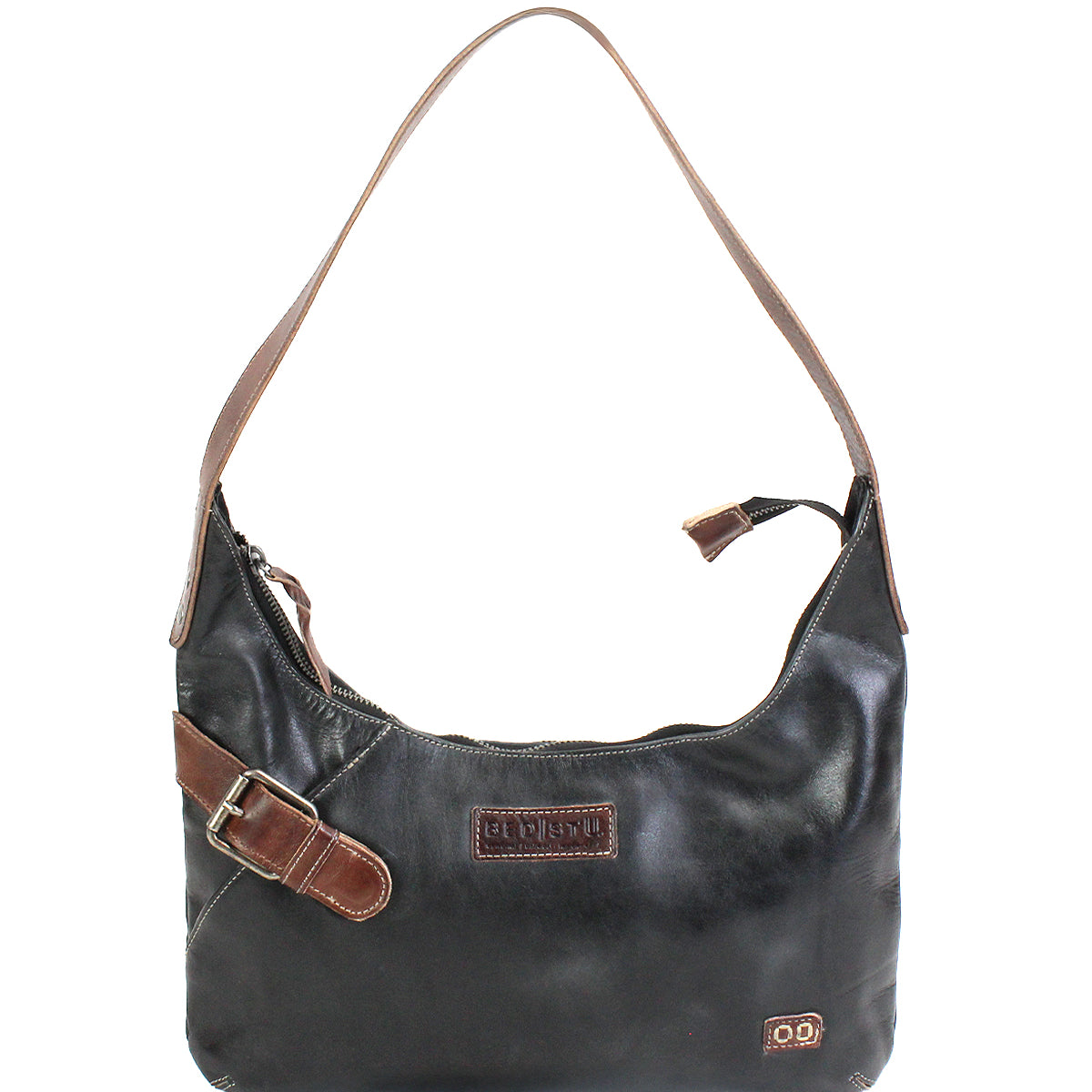 The Seemly shoulder bag by Bed|Stü is a compact black leather accessory, featuring brown strap and buckle detail accents, a secure zipper closure, and a small stitched patch on the front—perfect for everyday styling.