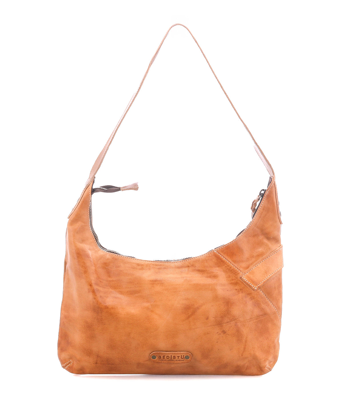 Introducing Seemly by Bed|Stü—a compact tan leather shoulder bag with a single strap, zipper closure, stitched accents, subtle buckle detail, and a small embossed logo on the front—perfect for everyday styling.