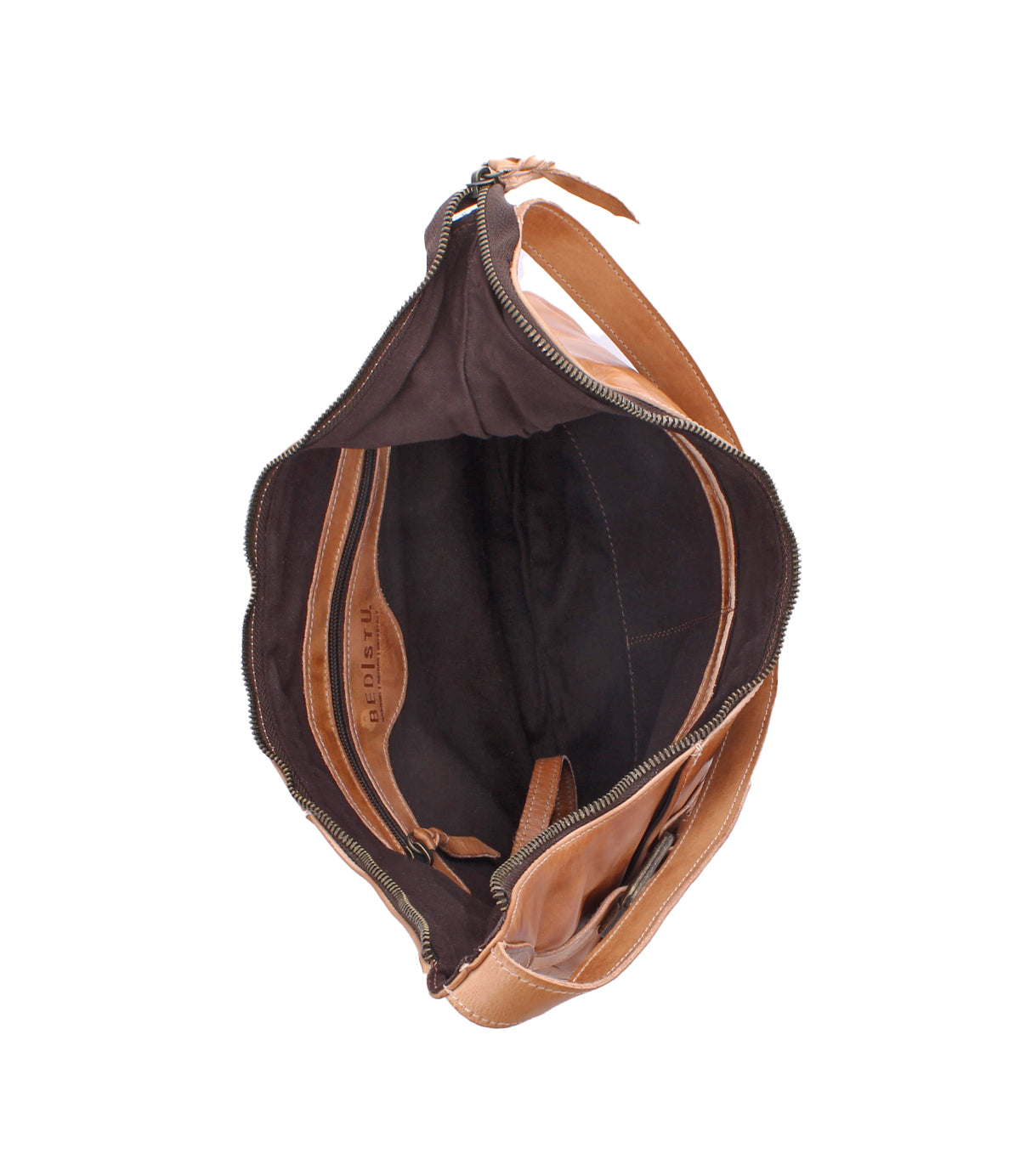 Top view of the Seemly bag by Bed|Stü, showcasing its open brown leather design with buckle detail, dark fabric lining, inner zippered pocket, and open compartments—perfect for everyday styling.