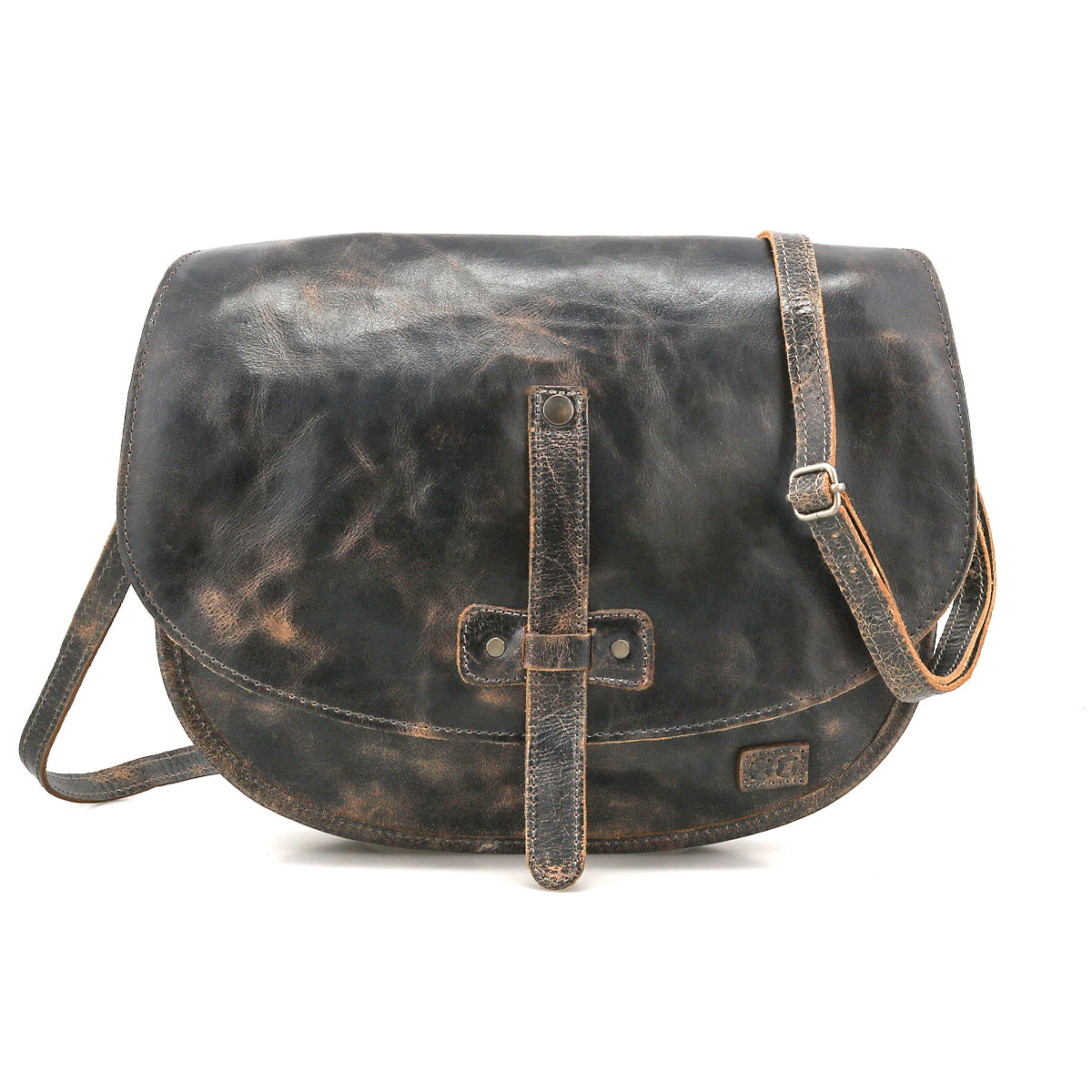 The Bed|Stü Sequoia messenger bag, crafted from distressed black vegetable-tanned leather, features a flap closure and an adjustable crossbody strap, displayed against a white background.