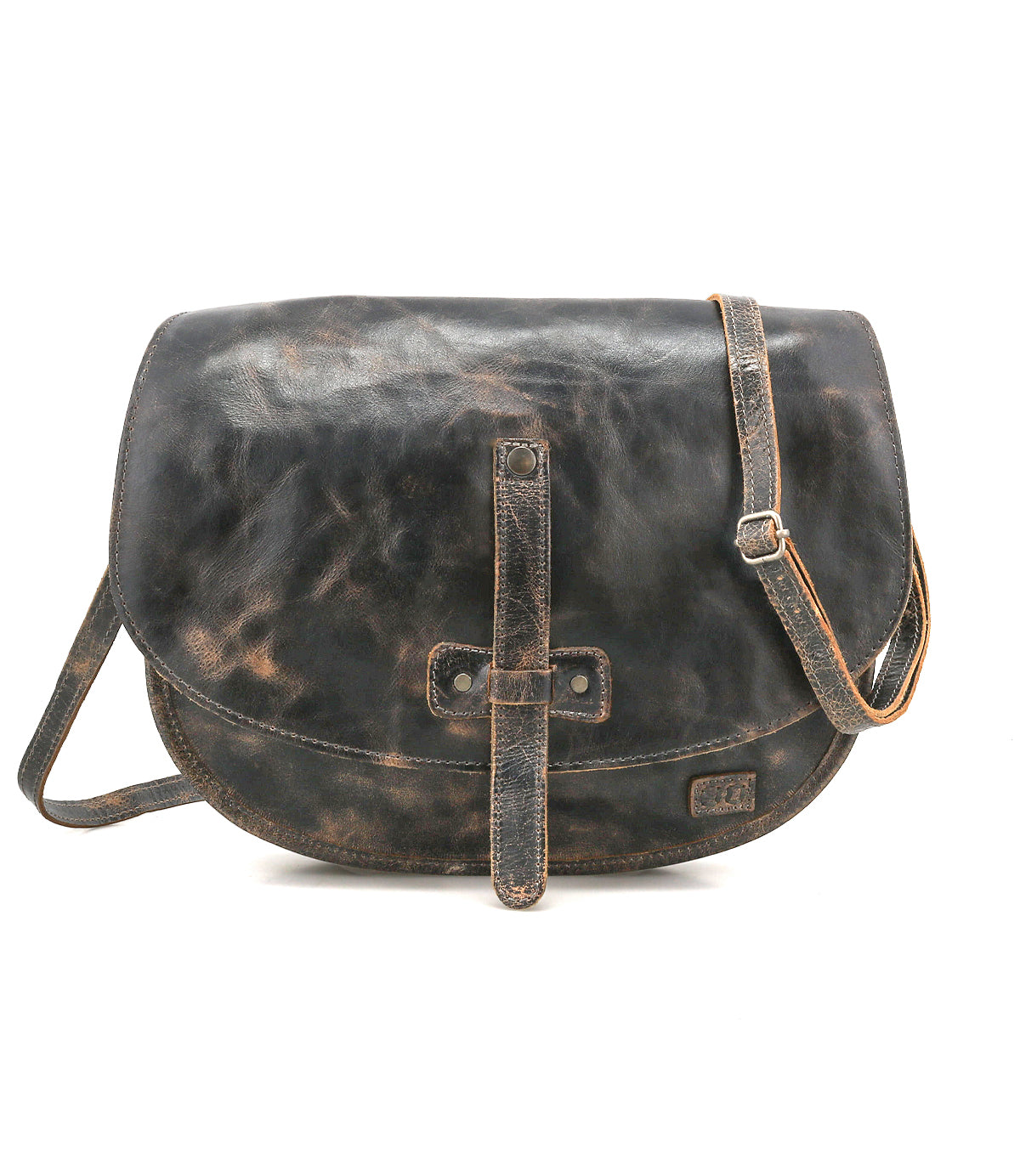 The Bed|Stü Sequoia messenger bag, crafted from distressed black vegetable-tanned leather, features a flap closure and an adjustable crossbody strap, displayed against a white background.
