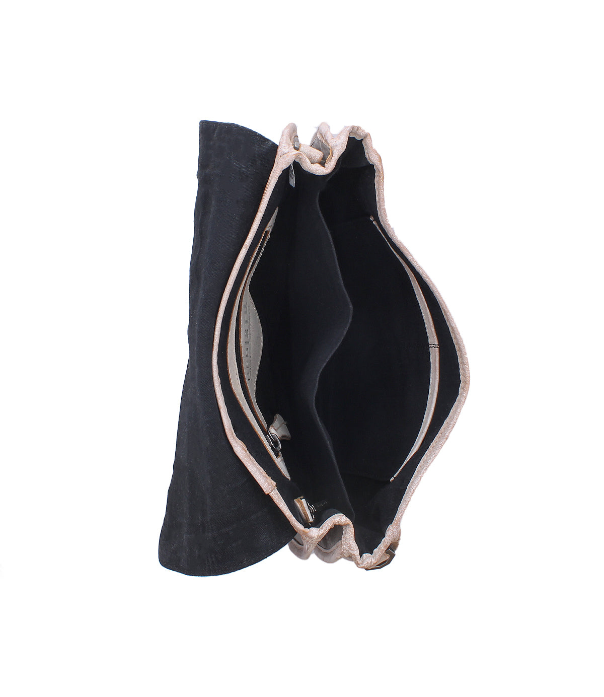 Top view of the Bed|Stü Sequoia handbag in black and beige vegetable-tanned leather, shown open to reveal several interior compartments and a zipper pocket against a white background.