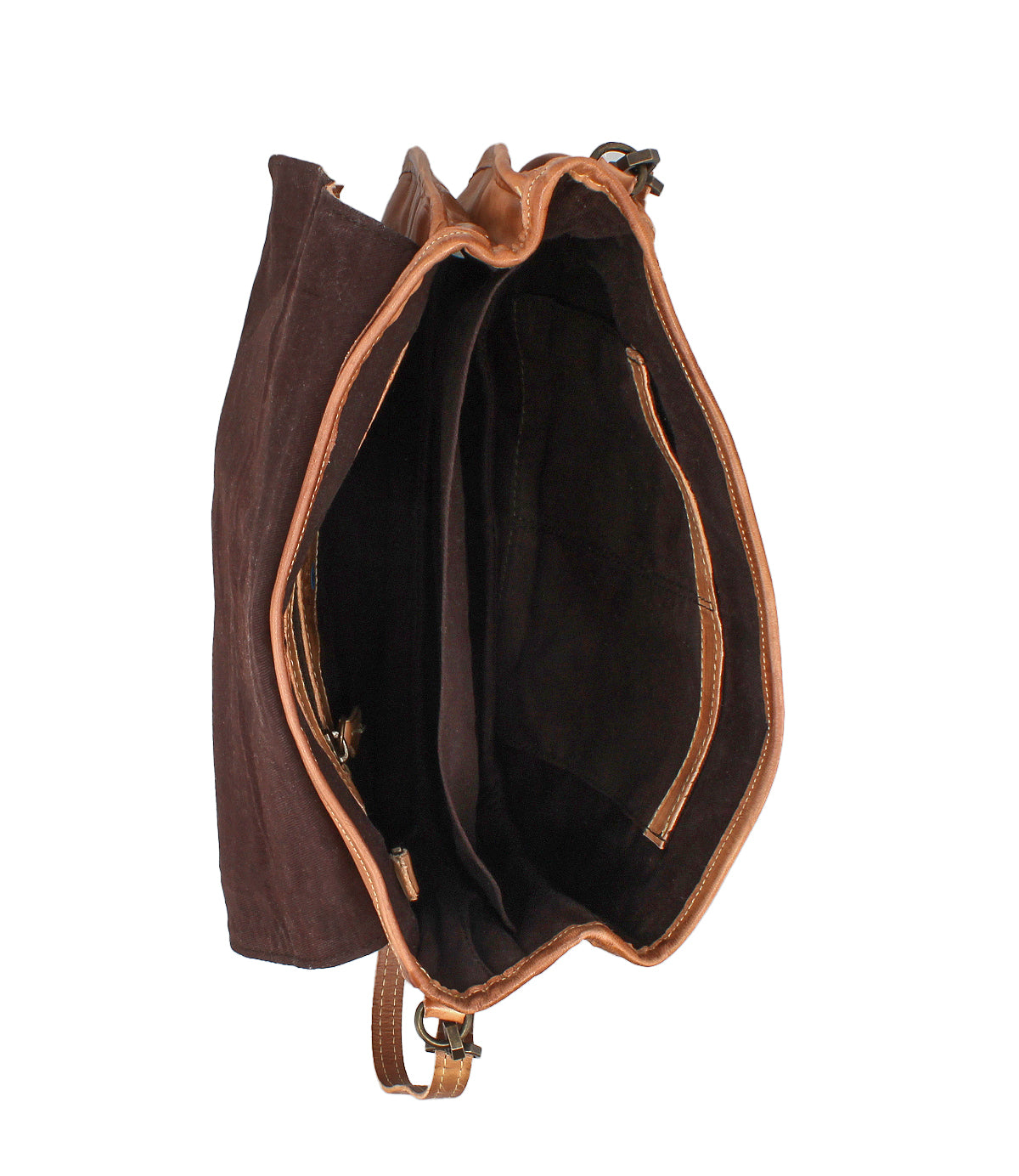 Top view of the open Sequoia bag by Bed|Stü in brown vegetable-tanned leather, highlighting multiple compartments and pockets, visible interior lining, and structured design. Features include a practical crossbody strap for easy carrying and a secure tab closure to keep your belongings safe.