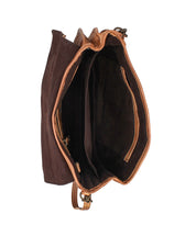 Top view of the open Sequoia bag by Bed|Stü in brown vegetable-tanned leather, highlighting multiple compartments and pockets, visible interior lining, and structured design. Features include a practical crossbody strap for easy carrying and a secure tab closure to keep your belongings safe.