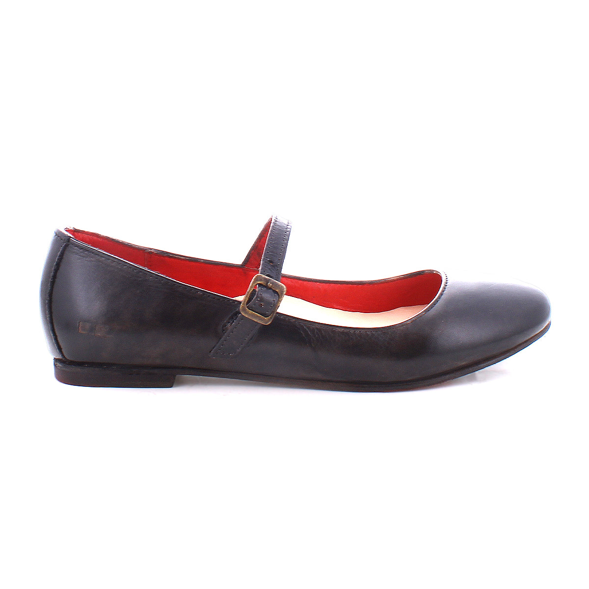 The Shuffle III by Bed|Stü is a black Mary Jane ballet flat crafted from supple leather, featuring a side buckle strap and a red interior, displayed on a white background.