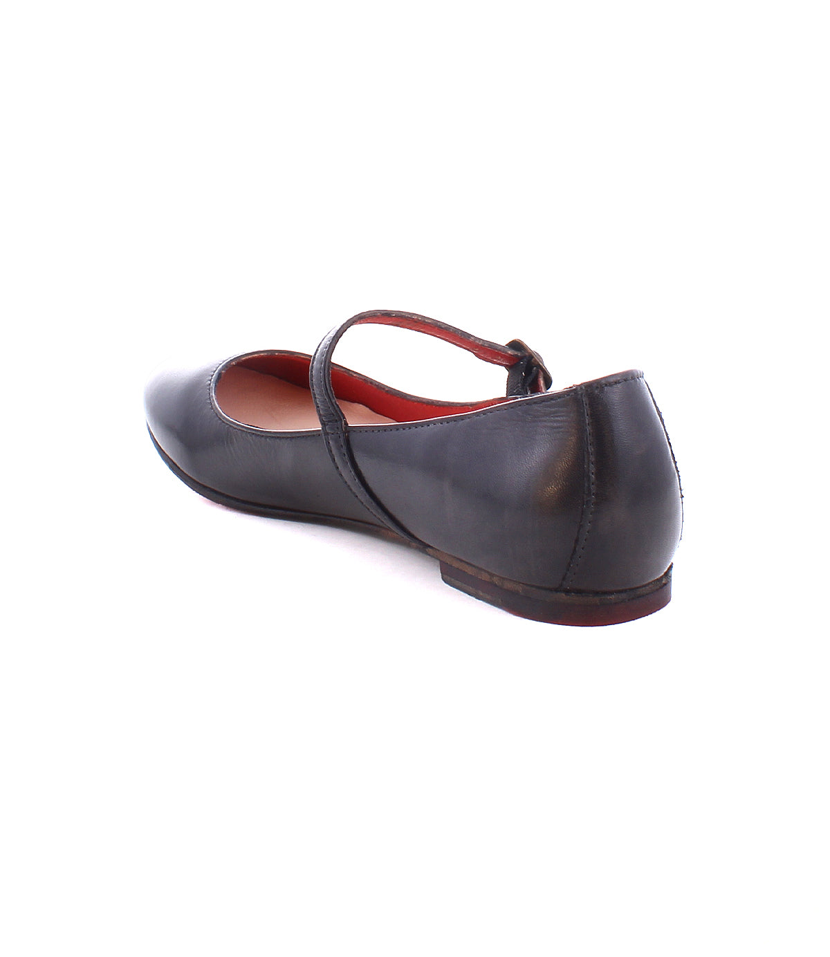 Bed|Stü Shuffle III black leather Mary Jane ballet flat with a thin strap, crafted from supple leather, shown from a rear side angle on a white background.