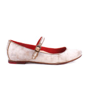 A side-profile image of the Bed|Stü Shuffle III, a worn beige Mary Jane ballet flat crafted from supple leather, features a buckle strap, red interior lining, and slight scuff marks, set against a white background.
