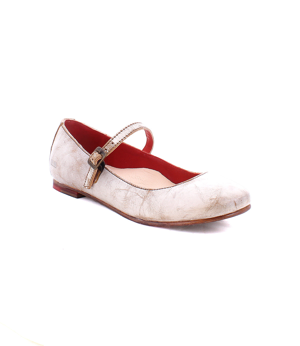 The Bed|Stü Shuffle III is a single beige Mary Jane ballet flat crafted from supple leather, featuring a strap with a buckle, a red interior, and a low heel, photographed against a white background.