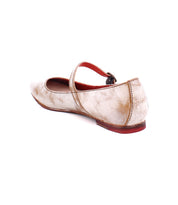 The Bed|Stü Shuffle III is a single gold-colored ballet flat, featuring a Mary Jane strap, low heel, and pointed toe crafted from supple leather, displayed from a rear side angle on a white background.
