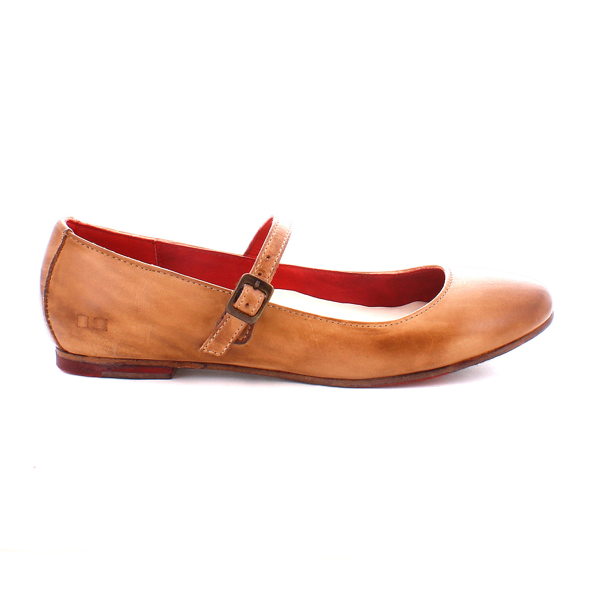 The Bed|Stü Shuffle III is a brown leather Mary Jane ballet flat featuring a buckle strap, red inner lining, and a low heel, displayed in profile against a white background.
