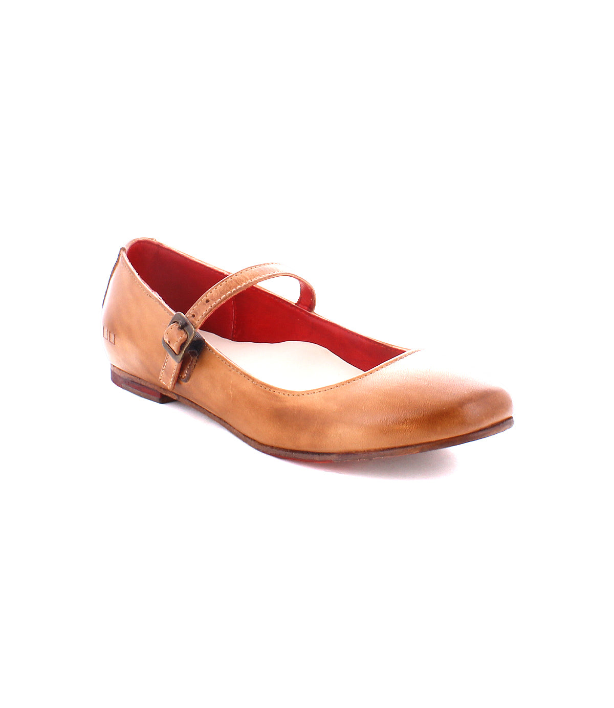 The Bed|Stü Shuffle III features tan supple leather in a Mary Jane ballet flat design with a buckle strap and red interior, displayed on a white background.