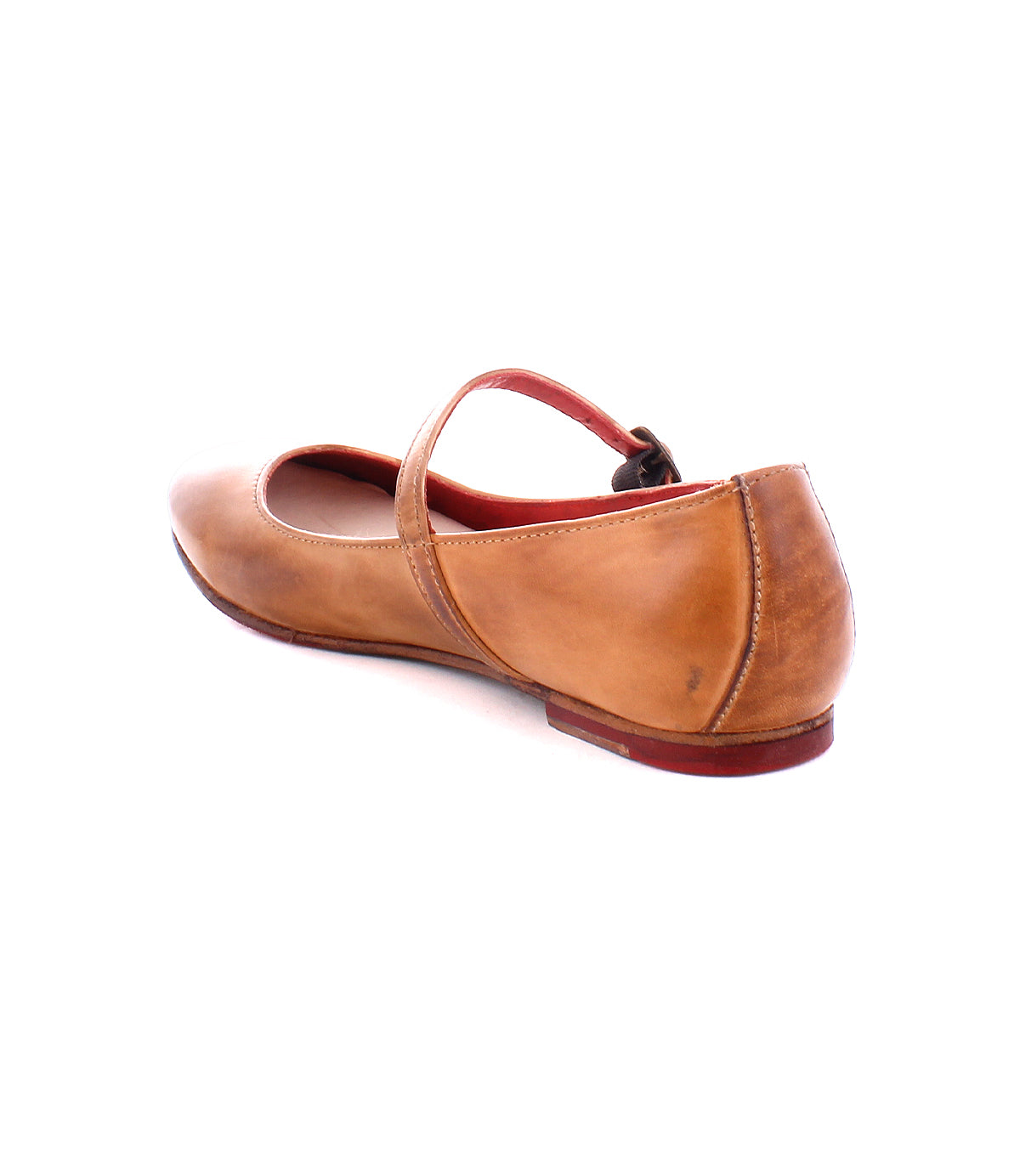 A single Shuffle III Mary Jane shoe by Bed|Stü, featuring a low heel, rear strap, and supple tan leather construction, is showcased from the back against a white background.