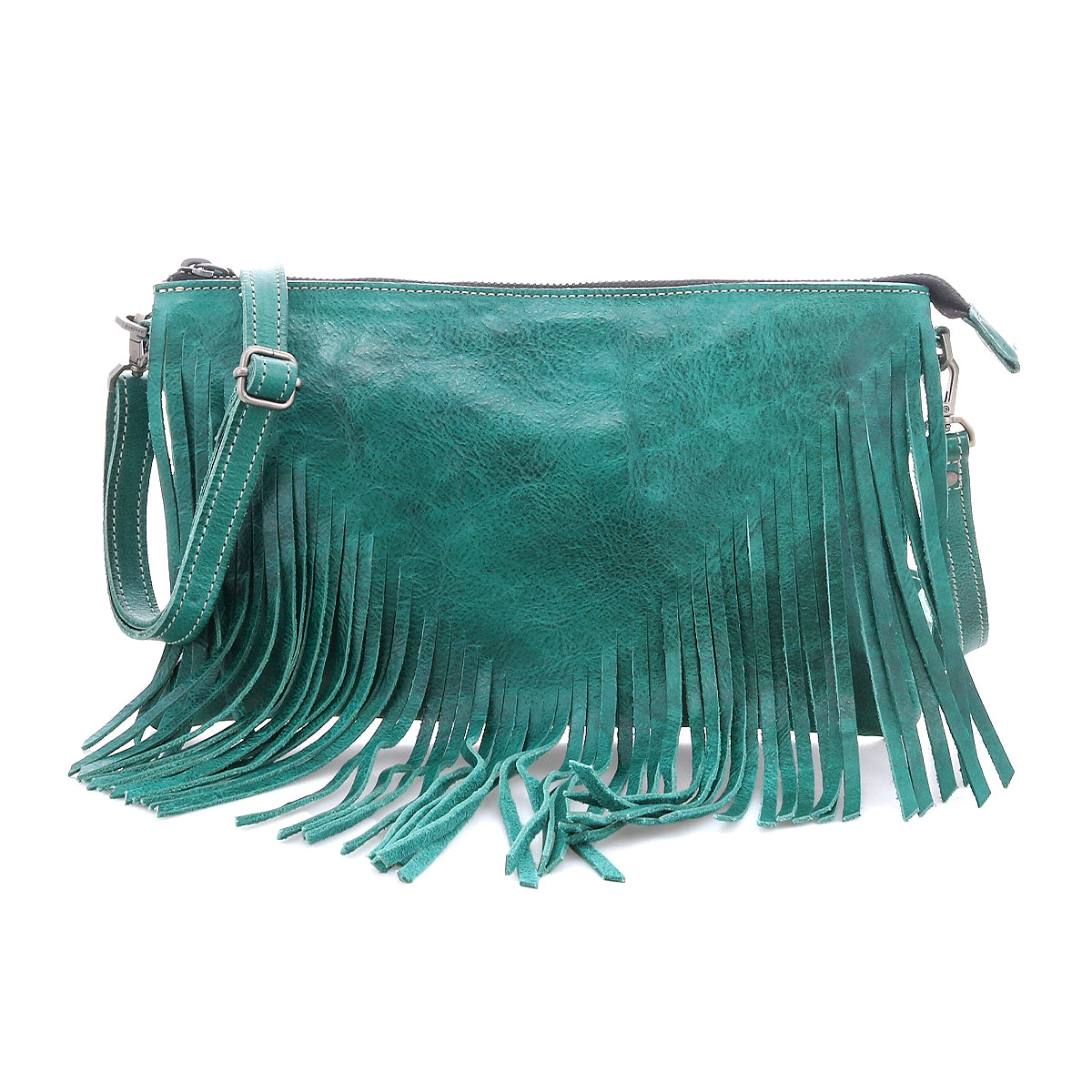 Bed|Stü’s Silverrock teal leather shoulder bag features long fringe detailing, an adjustable strap, and a zip closure. Displayed against a white background, this stylish small crossbody bag adds flair to any outfit.