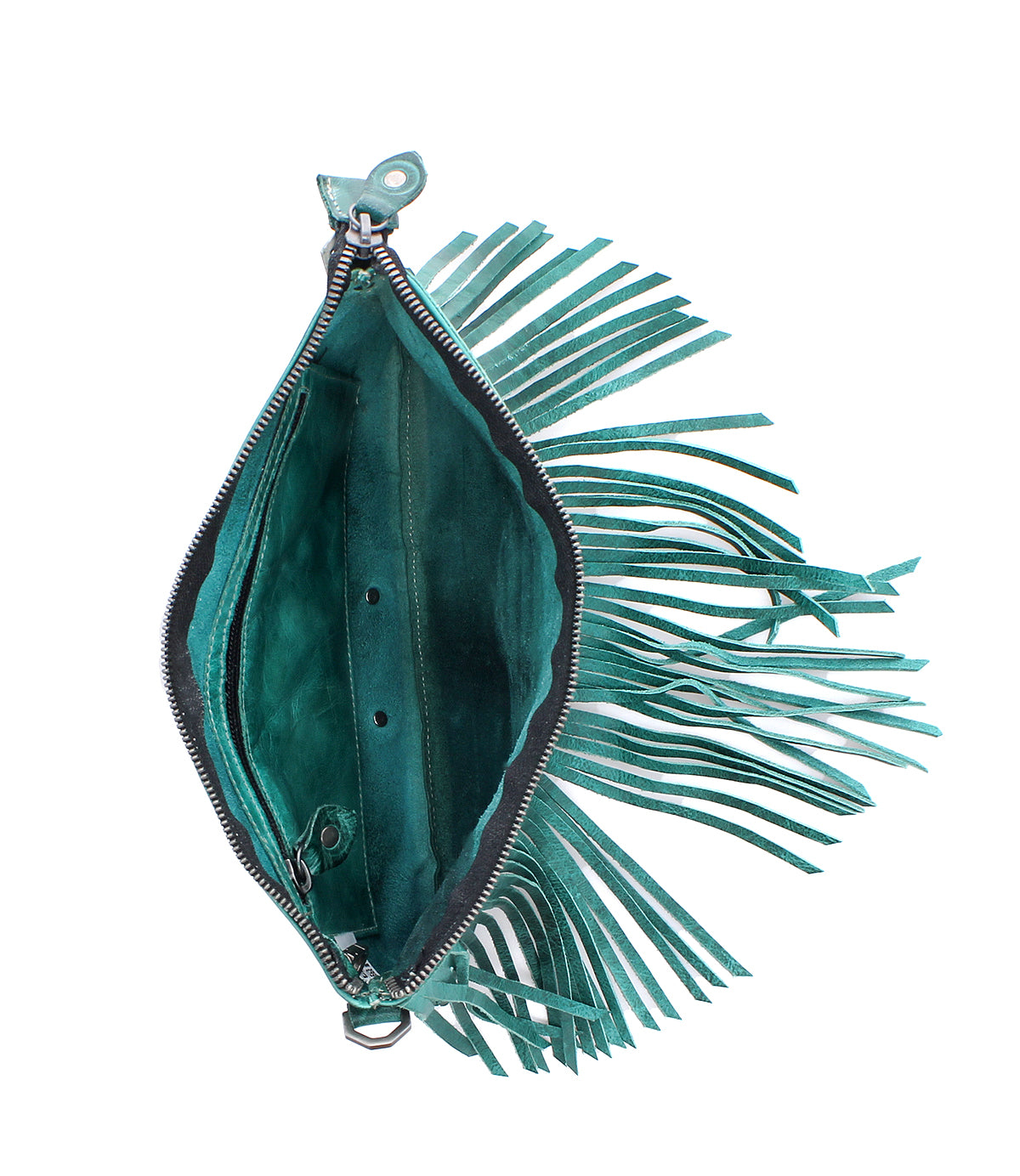 A top view of an open teal suede Bed|Stü Silverrock fringe flap bag with a zipper, displaying the interior compartment and fringe accents along the sides.