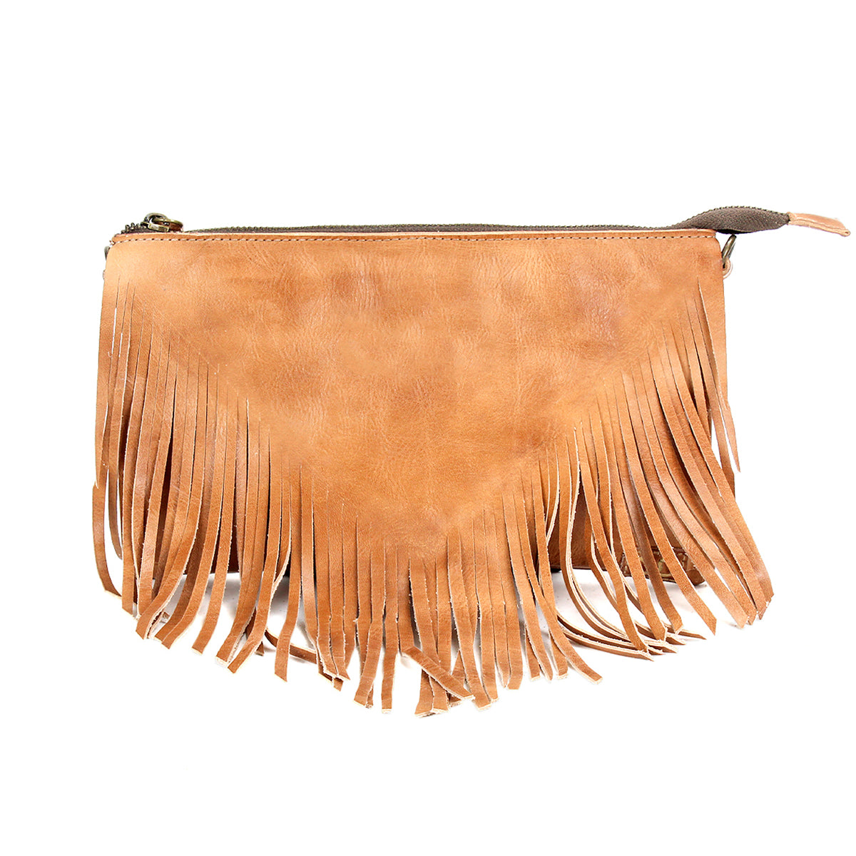 Bed|Stü Silverrock clutch purse in tan leather, featuring a zipper closure and decorative fringes along the bottom and sides; shown against a white background—this fringe flap bag is a stylish accessory that adds flair to any outfit.