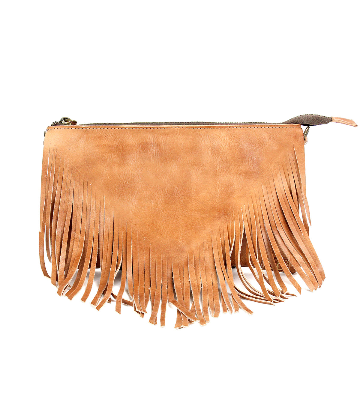 Bed|Stü Silverrock clutch purse in tan leather, featuring a zipper closure and decorative fringes along the bottom and sides; shown against a white background—this fringe flap bag is a stylish accessory that adds flair to any outfit.
