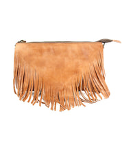 Bed|Stü Silverrock clutch purse in tan leather, featuring a zipper closure and decorative fringes along the bottom and sides; shown against a white background—this fringe flap bag is a stylish accessory that adds flair to any outfit.