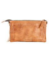 The Bed|Stü Silverrock brown leather clutch bag showcases a zipper closure, decorative stitching, and striking fringe accents. This compact crossbody bag also features a bold Bed|Stü logo on the front for an extra touch of style.