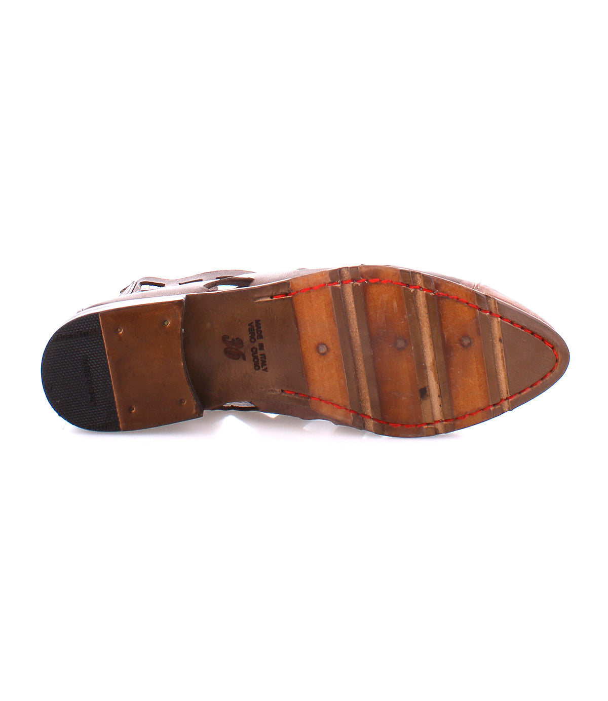 Bottom view of the Bed|Stü Skyline leather dress shoe, featuring a stacked leather sole, visible stitching, and a heel grip, handcrafted in Italy.