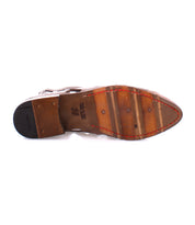 Bottom view of the Bed|Stü Skyline leather dress shoe, featuring a stacked leather sole, visible stitching, and a heel grip, handcrafted in Italy.
