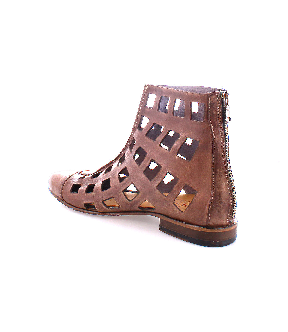 The Skyline by Bed|Stü is a handcrafted brown leather flat featuring a square cutout design, rear zipper, and open sides, made in Italy and displayed on a white background.