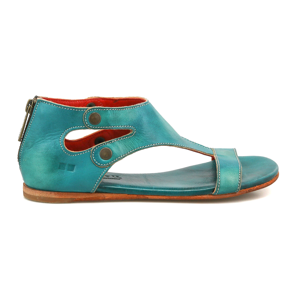 Introducing the Soto sandals by Bed|Stü—crafted from turquoise cutout leather with a chic side detail, ankle-high collar, convenient snap buttons, and a back zipper. Set on a slim brown sole and featuring a cushioned footbed for all-day comfort, these flats are ideal for everyday adventures.