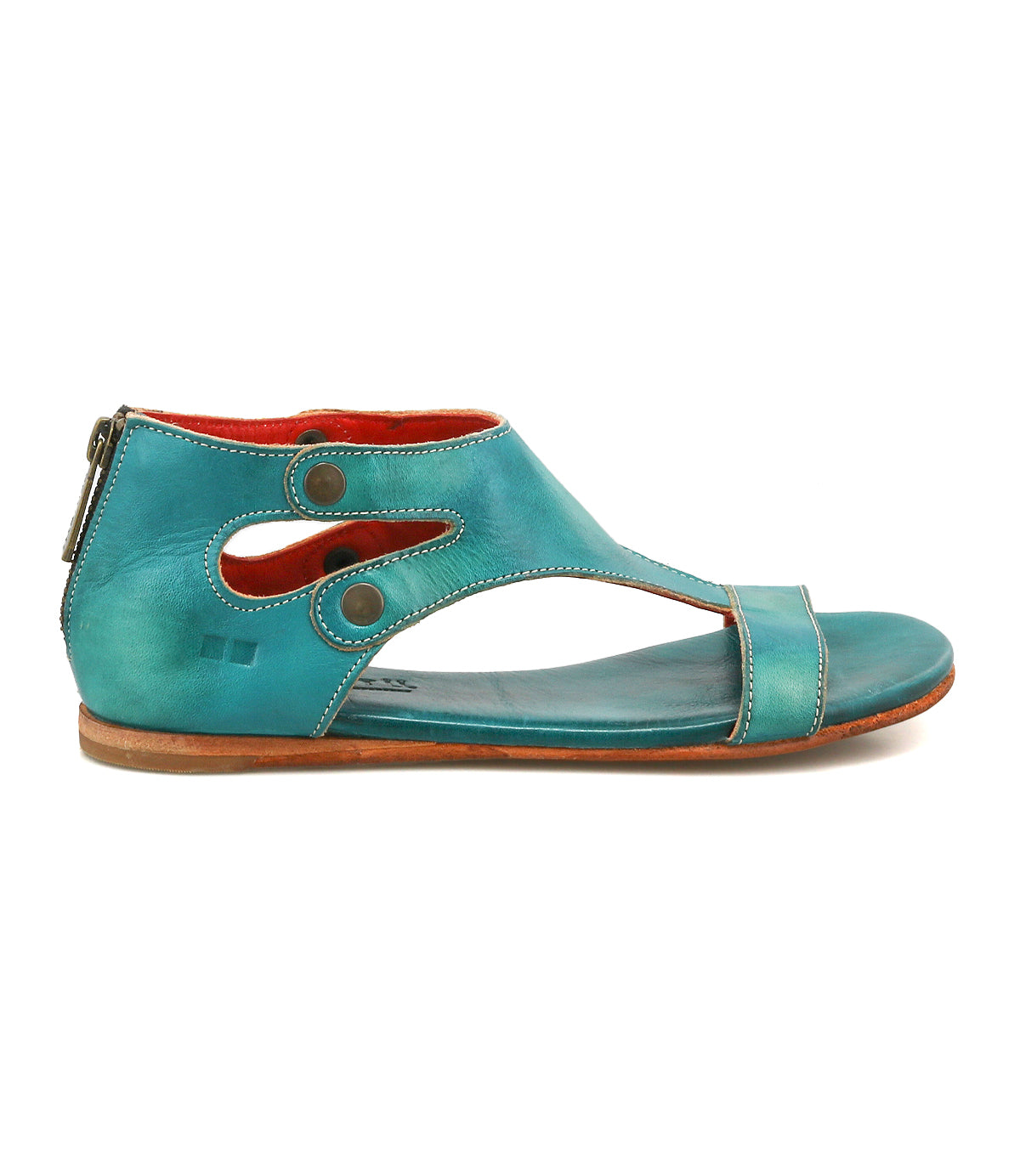Introducing the Soto sandals by Bed|Stü—crafted from turquoise cutout leather with a chic side detail, ankle-high collar, convenient snap buttons, and a back zipper. Set on a slim brown sole and featuring a cushioned footbed for all-day comfort, these flats are ideal for everyday adventures.
