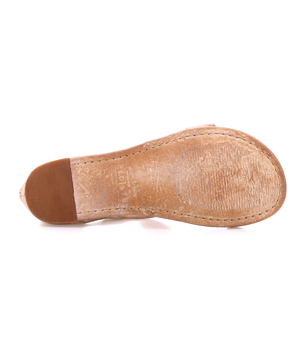 Bottom view of the Soto sandal by Bed|Stü in tan cutout leather, featuring a worn leather sole, visible edge stitching, and a rectangular textured heel cap—perfect for everyday exploring.