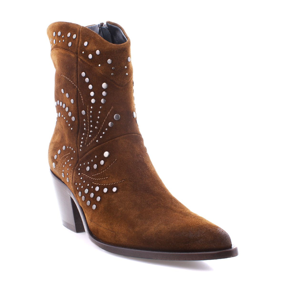 Introducing the Sposa by Bed|Stü: a brown suede pointed-toe bootie featuring a low block heel and decorative silver studs in a floral pattern on the side, inspired by classic Italian ankle boot craftsmanship.