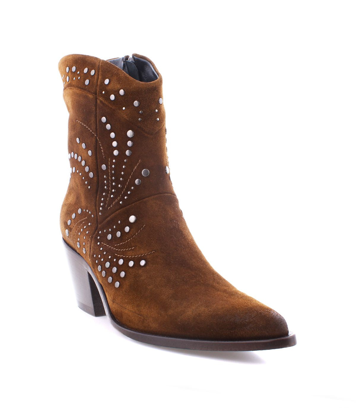 Introducing the Sposa by Bed|Stü: a brown suede pointed-toe bootie featuring a low block heel and decorative silver studs in a floral pattern on the side, inspired by classic Italian ankle boot craftsmanship.