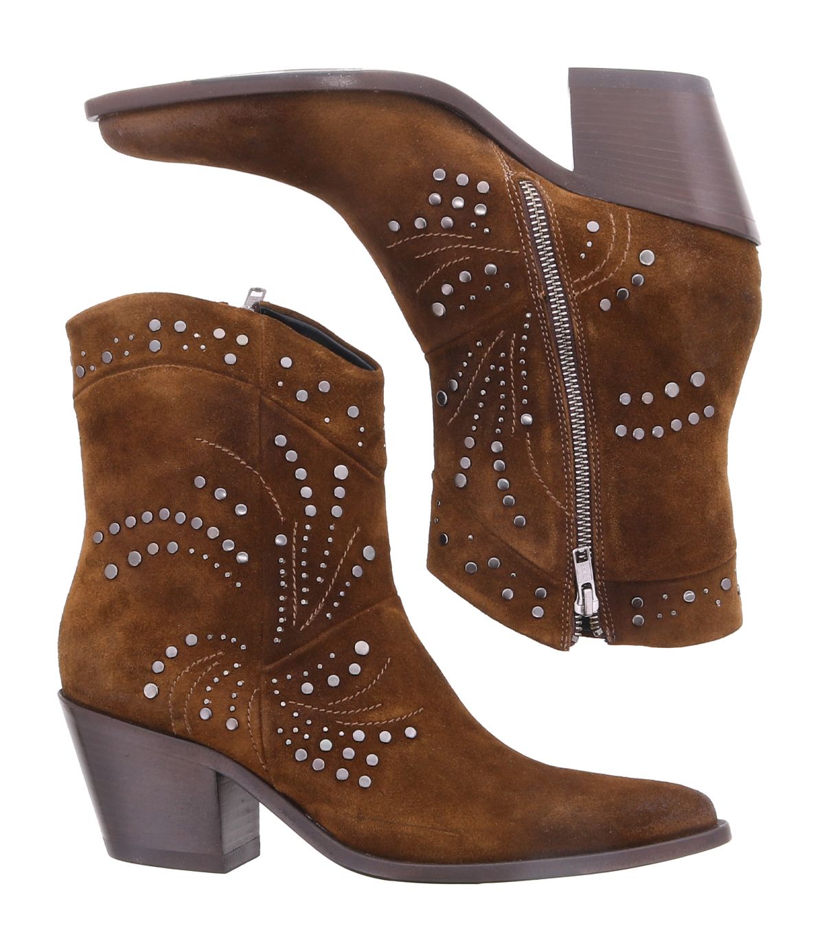 Bed|Stü’s Sposa is a brown suede Italian ankle boot featuring silver stud embellishments, side zippers, and chunky heels, shown from side and bottom angles.