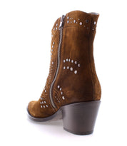 The Sposa by Bed|Stü is a brown suede Italian ankle boot, crafted from vegetable-tanned leather and detailed with silver studs, a side zipper, and a chunky stacked heel—shown here from the back angle.
