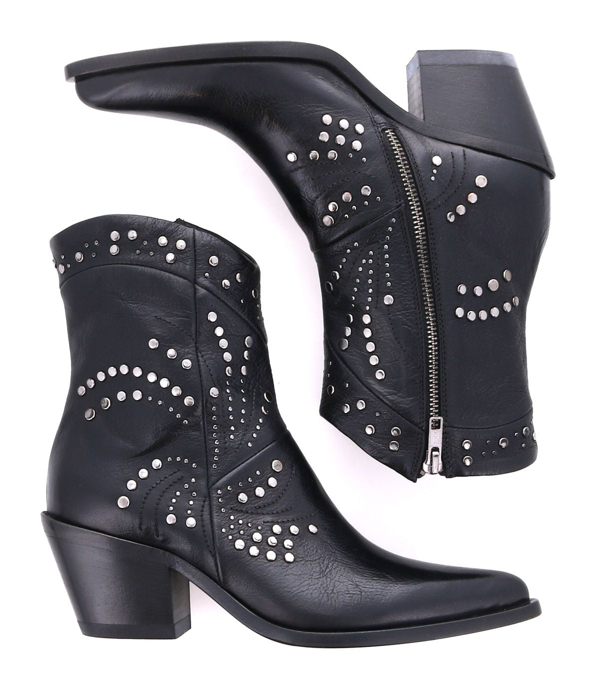 A pair of Sposa black Italian ankle boots by Bed|Stü, crafted from vegetable-tanned leather with silver studs, side zippers, and chunky heels. One boot is shown upright while the other is positioned on its side.