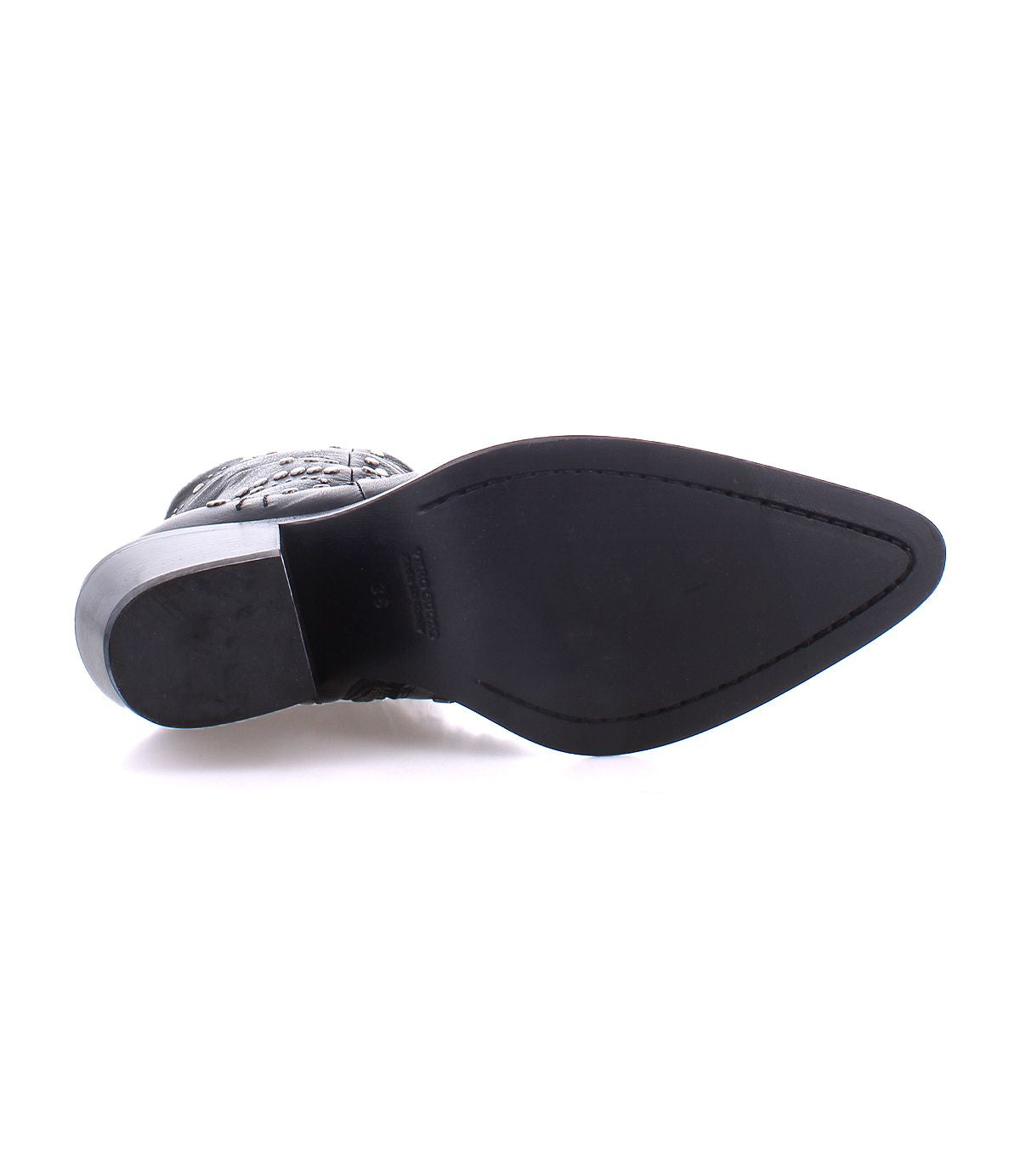 The image shows the bottom view of a single Sposa bootie by Bed|Stü, crafted from black vegetable-tanned leather, featuring a textured sole and a block heel.