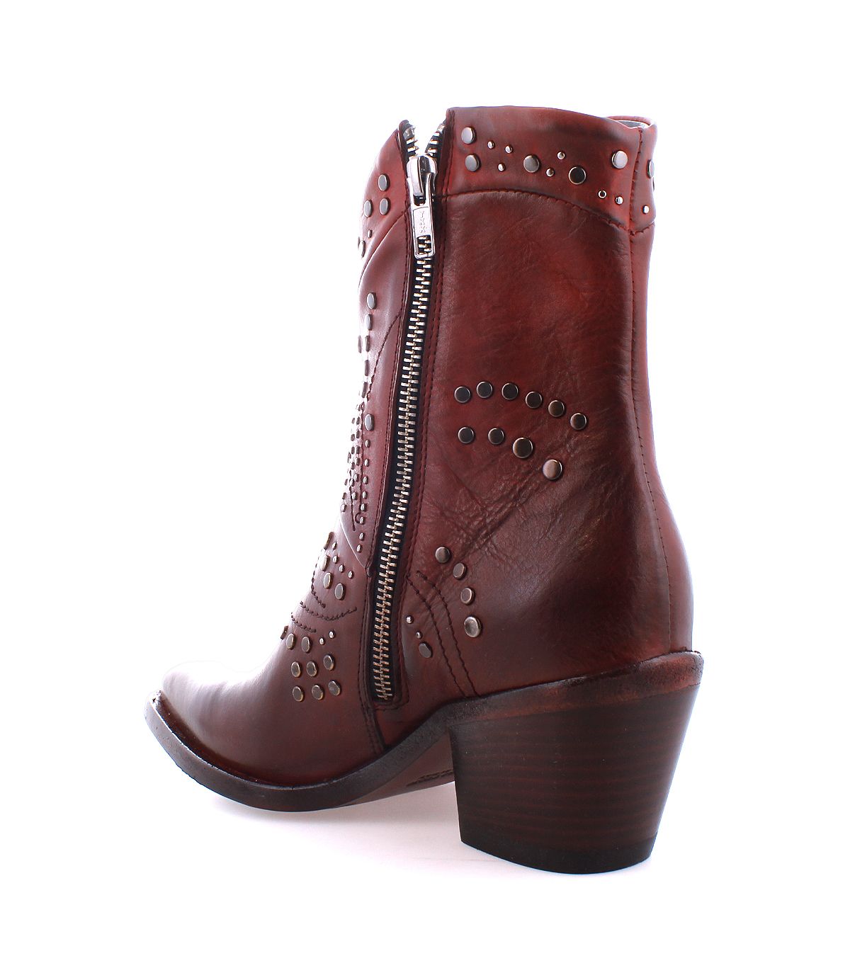 Introducing Sposa by Bed|Stü—a brown Italian ankle boot crafted from rich vegetable-tanned leather. Featuring decorative metal studs, a side zipper, and a stacked heel, this pointed toe bootie is displayed from a rear-side angle against a white background.