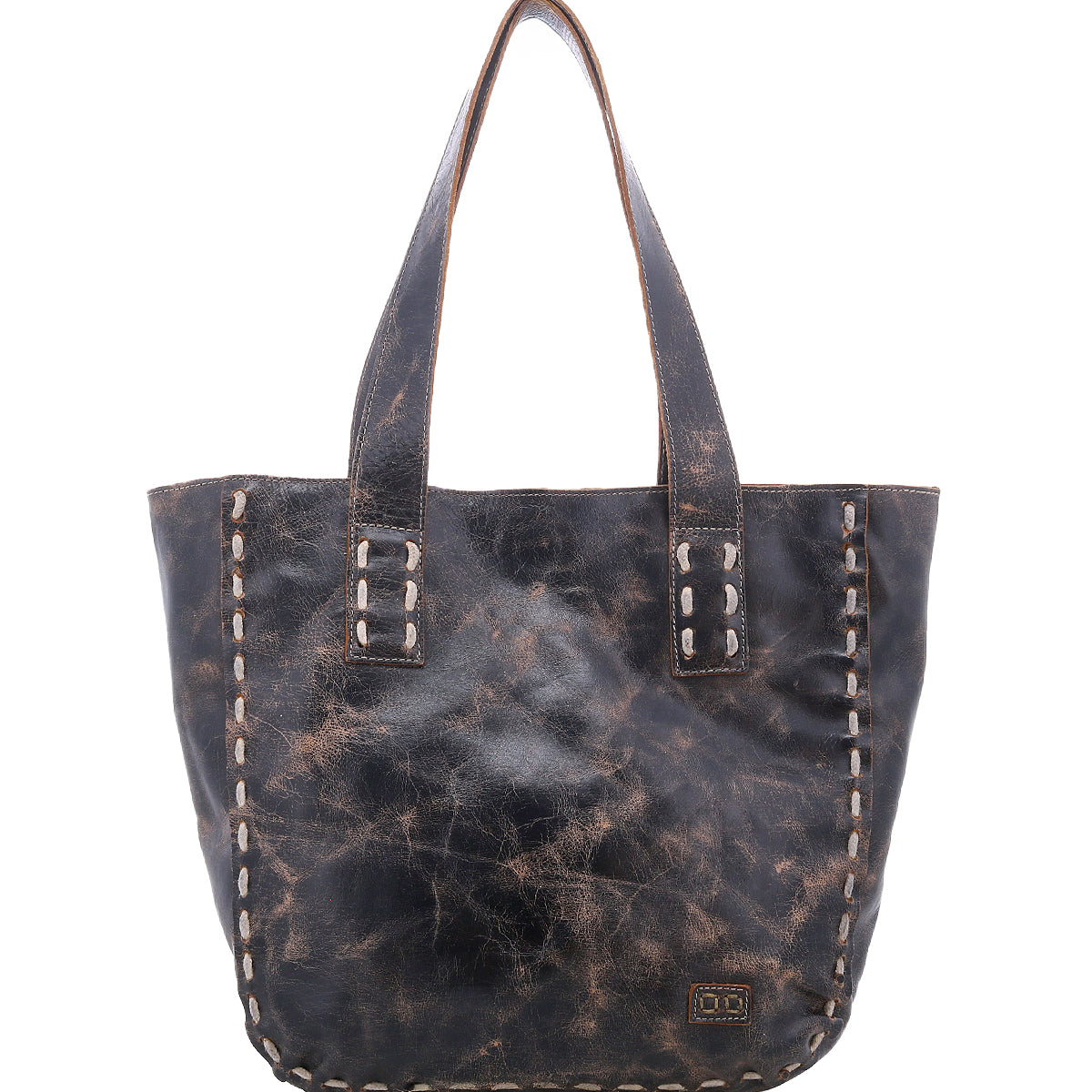 Introducing the Stevie by Bed|Stü—a distressed black leather tote bag featuring double handles and visible edge stitching. This timeless vintage piece is ideal for everyday carry and is elegantly displayed against a white background.