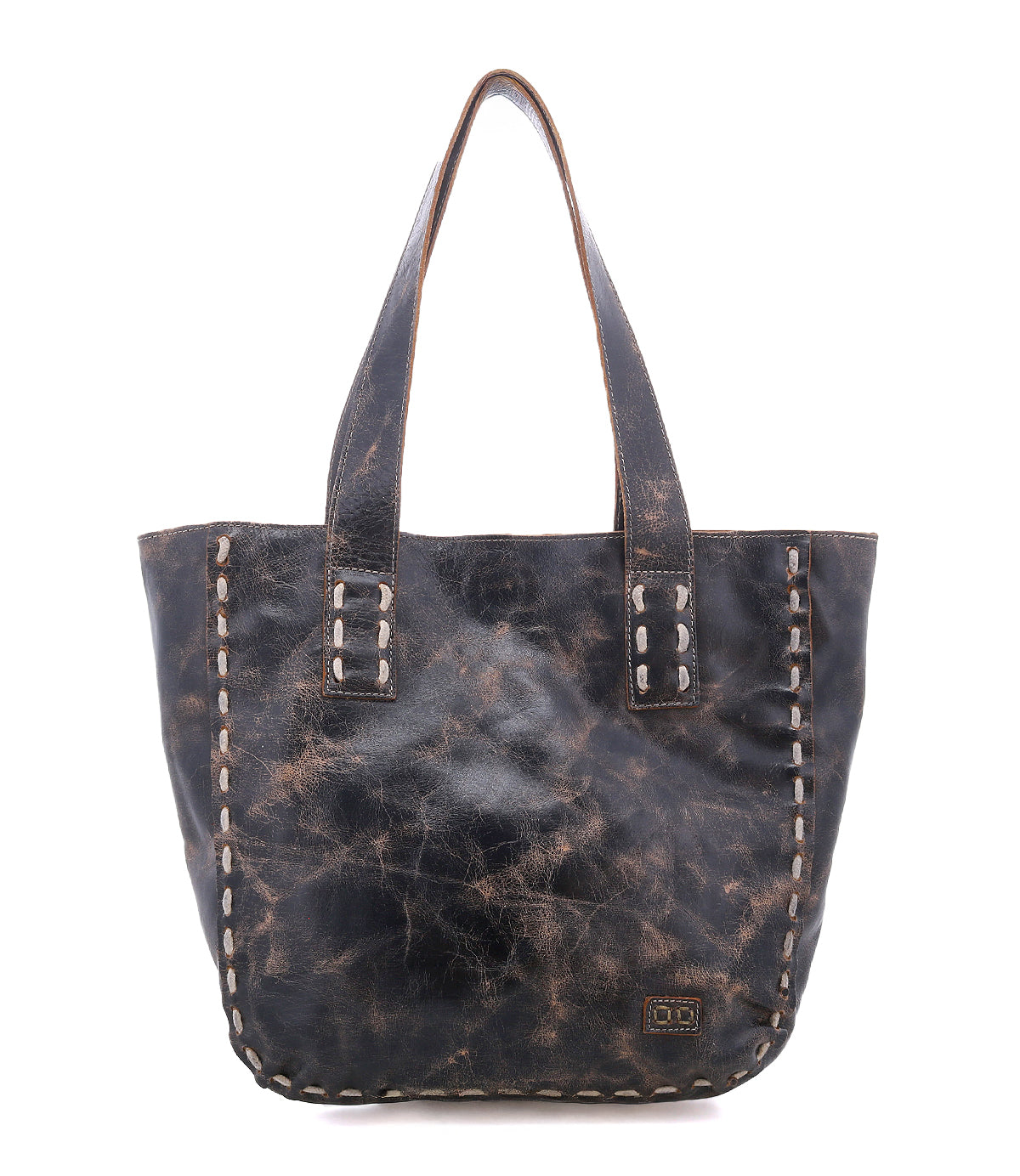 Introducing the Stevie by Bed|Stü—a distressed black leather tote bag featuring double handles and visible edge stitching. This timeless vintage piece is ideal for everyday carry and is elegantly displayed against a white background.