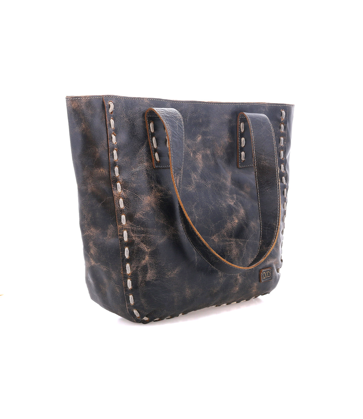 The Stevie tote bag by Bed|Stü features distressed dark brown leather, two sturdy handles, and prominent side stitching for a vintage look—an ideal accessory for everyday use. Shown here against a white background.